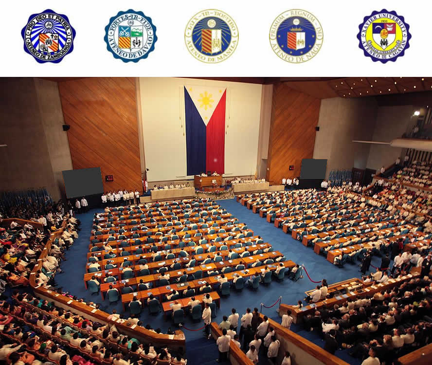Top graphic: Ateneo school emblems. Bottom photo: Philippine House of Representatives