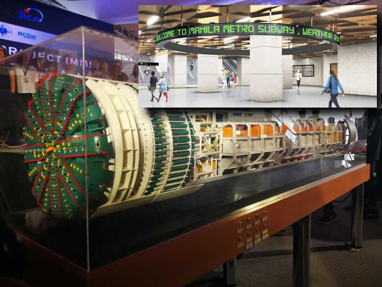 Scale model of the giant tunnel boring machine (TBM) that will create the underground tunnels for Metro Manila’s new subway. (Inside picture) An artist’s rendition of a subway station’s underground concourse Photos: DOTr/facebook